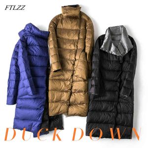 Ultra Luz Branco Casaco Longo Mulheres Inverno Dupla Face Slim Down Casaco Único Parkas Quentes Breasted Snow Outwear 210423