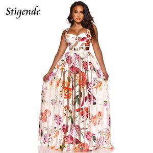 Stigende Women Floral Print Patchwork Mesh Maxi Drsummer Sexy See Through Long Swing Drbohemian Spaghetti Pasek Sundress X0529