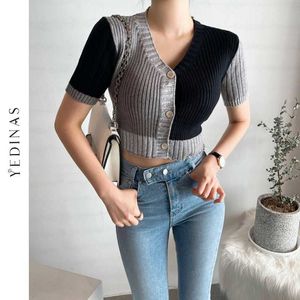 Yedinas Korean Style O-neck Short Knitted Sweaters Women Thin Cardigan Button Up Summer Casual Fashion Patchwork Crop Top 210527