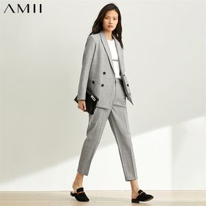 Minimalism Autumn Suit Set OLstyle Lapel Double Breasted Gray Women Coat High Waist Solid Ankel Length Pants 12070512 210527