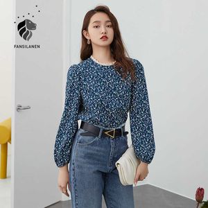 FANSILANEN Vintage blue floral print blouse shirt Women long sleeve lace casual streetwear Female boho spring top 210607