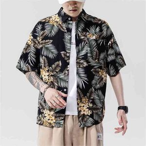 Märke Beach Sommarutskrift Blomma Kortärmad Hawaii Collar Korea Style Shirt för Hantejuku Kläder 210809