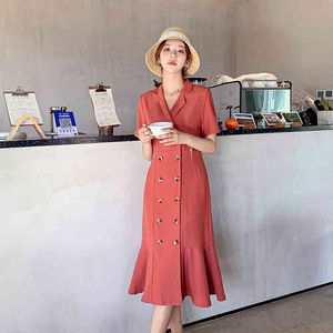 夏のエレガントな女性のオフィスのMidi Dress韓国の服半袖スーツカラーダブルブレストフィッシュテイル210514