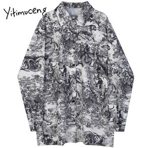 Yitimuceng Vintage Print Blouse Women Button Shirts Loose Spring Turn-down Collar Single Breasted Long Sleeve Casual Tops 210601