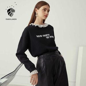 Fansilanen carta de bordado laço de malha camisola mulheres plissada de malhas de malhas preta superdimensionado outono inverno inverno vintage jumper 210607