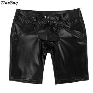 TiaoBug Schwarz Männer Sexy Weiche Leder Mittlere Hosen Voller Reißverschluss Vorne Knopf Snap Verschluss Workout Gym Shorts X0705