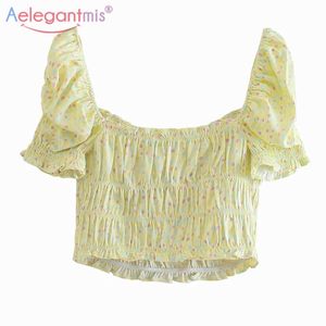 Aelegangtmis Sweet Print Loose Ruffles T Shirts Women Square Collar Pleated Kawaii ees Summer Korean Chic Lady 210607