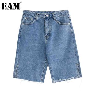 [Eam] Cintura alta Black Blue Denim Burr Casual Lareira Perna Calças de Calças de Calças Soltas Moda Moda Primavera Verão 1d7882 210512