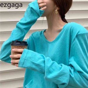 Ezgaga Einfache Elegante Frauen T-shirts Langarm V-ausschnitt Solide Frühling Lose Dünne Basis Outwear Weibliche T-shirts Koreanische Mode 210430