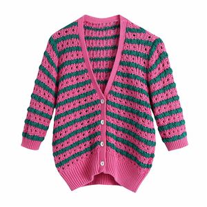 Evfer Women Fashion Pink Green Za Striped stickade korta Cardigans Ladies Casual V-Neck Sleeve Slim Sweaters Outwear Chic 210421