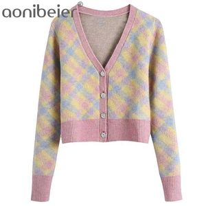 Primavera Outono Mulheres Argyle Cardigan Sweater Quente Jóias Único Breasted Vintage Vintage V-Neck Tops Street Outwear 210604