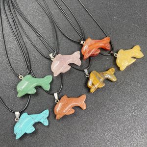 Cura Cristal Pedra Natural Pingente Dolphin Animal Charms Turquesa Tiger Olho Lapsi Rosa Cristal Corrida Cadeia Colares Atacado Presente de Jóias de Natal