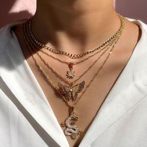 Zincirler Çok katmanlı kristal ejderha kelebek zinciri kolye kadınlar için set altın mektup metal metal klavikula coker boho jewely