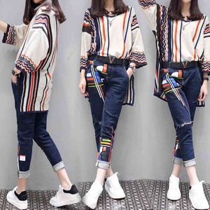 S-6XL Women's Spring Large Size Two-piece 2021 New Fashion Loose High Waist Printing Set Female High-end Shirt + Jeans Two-piece X0428