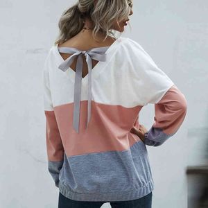 Jesień i zima O Neck Casual Kontrastujące Sweter szwu dla kobiet Patchwork Twill Koreański Ubrania Bluzy 210514