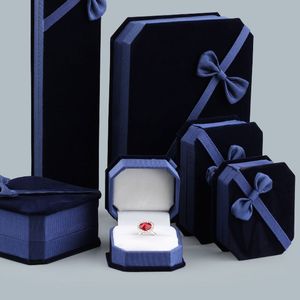 Blauer Samt-Bowknot-Schmuck-Verpackungshalter, Aufbewahrungsboxen für Anhänger, Halskette, Charm-Armbänder, Ring, Ohrring, Armreif, Vitrine, Hochzeitsdekoration