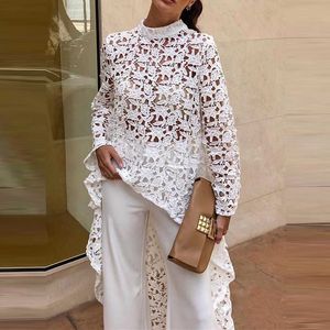 Spring and Summer of Flower Hollow-out Long-sleeved Round-collar Blouse Lace Shirt Streetwear Full Stand Loose Shirts 210615