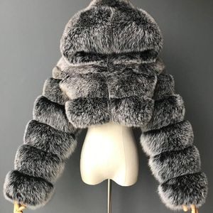 Kvinnors Fur Faux Hapedy Högkvalitativa Furry Cropped Coats Kort Jackor Kvinnor Fluffy Top Coat With Hooded Winter Jacket Manteau Femme