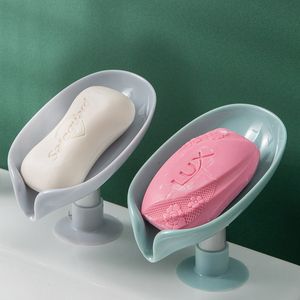 Leaf Shape Soap Dish Drain Soaps Holder Box Shelf Suction Cup Wall Hanging Bathroom Punch-free Water-free Storage Plate Tray Gadgets YL0337