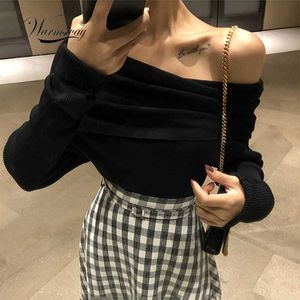 Spring Autumn off Shoulder Women Sweaters Elegant Vintage Knitted Solid Jumper High Stretch Top C-077 X0721