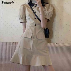 Vintage Puff Sleeve Cargo Dress Women Khaki Mini Pockets Dresses Korean Sweet Robe Chic Streetwear Summer Vestidos 210519