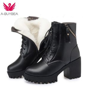 Stivali Piattaforma alta 3 cm Tacco in vera pelle Donna Vera lana invernale Caviglia incrociata con doppie cerniere Stivaletti grossi