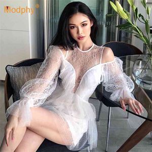 Evening Party Women White See Through Hollow Out Lace Bodycon Dress Sexy Flared Long Sleeve Ruffled Mini Dresses Female Summer 210527