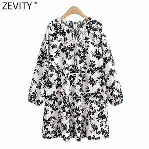 Kobiety Vintage o Neck Bow Black Liście Kwiatowy Drukuj Sukienka Chic Kobieta Latarnia Rękaw Casual Prosta Vestido DS5012 210420