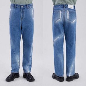 Blue Aderror Jeans Män Kvinnor Ader Patch Label Aderror Cinder Byxor Broken Back Fickor Byxor Patchwork Jeans Kläder X0602