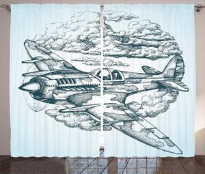 Vorhangvorhänge Flugzeug Flugzeug Vorhänge Flugzeug am Himmel runde Vintage Wolke Luft- und Raumfahrt Zeichnung Effekt Bild Wohnzimmer Schlafzimmer Fenster Blau