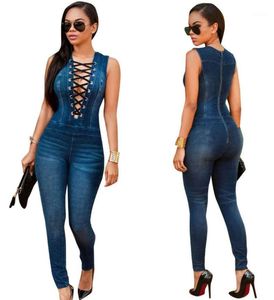 Blå Kvinna Denim Jumpsuit Romper 2021 Eleganta Ärmlös Kvinnor Overaller Party Fitness OuterWear Women's Jumpsuits Rompers