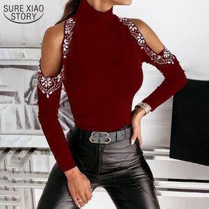 Mode Sexig Solid Färg Kvinnors Tröja Off-Shoulder Beading Women Turtleneck 12588 210508