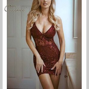 Sommar Kvinnor Sexig Party Spaghetti Strap Bodycon Burgundy Gold Sequin Night Club Pencil Mini Dress 210415