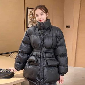 ウィンターフグジャケット服女性カジュアル4色ブラック韓国風ロングコート暖かい秋ベージュフェムメパーカーベルト210625