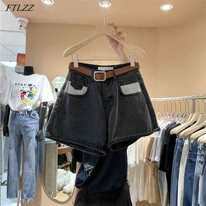 Verão Streetwear Blue Denim Shorts com Cinto Cintura Alta Cor Sólida Casual Feminino Perna Loga Jeans Soltos 210430