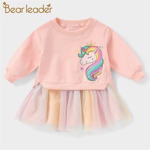 Niedźwiedź Leader Baby Girls Cartoon Cute Ubrania Dzieci Mesh Patchwork Sukienka Dzieci Dziewczyny Unicorn Pattern Princess Dress 210708