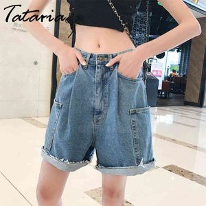 Tataria Retro Crimping Denim Shorts para Mulheres Cintura alta A-Line Jeans Wide-Leg Bolso Casual Loose 210514