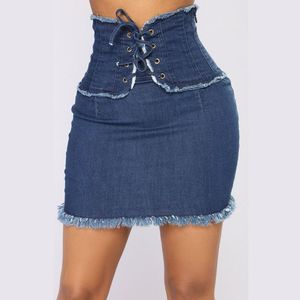 Skirts SEASONS Blue Jeans Lace Up Sexy Mini Pencil Denim Skirt Women High Waist Bandage 2021 Spring Summer Clothes ASSK80512