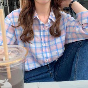 NEPLOE Sweet Plaid Koszula Kobiety Koreańskie Casual Podstawowe Bluzki Loose Long-Ręlarnia Wszystkie Dopasuj Bluzki przeciwsłoneczne Proste Świeże Blusas 210422