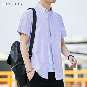 Ushark Lila Striped Oxford Shirt Kortärmad Män Blus Sommar Tyg Skjorta För Mens Klänning Shirts Casual Clothing Male 210603