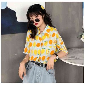 여름 새로운 한국어 레몬 인쇄 턴 다운 칼라 짧은 소매 셔츠 여성 210410