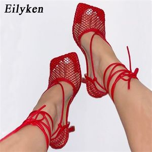 Summer Autumn Sexy 340 Eilyeken Mesh Sandaler Kvinnlig fyrkantig tå Hög häl LACE UP Cross-bundet stilett Hollow Dress Pumps skor 210324