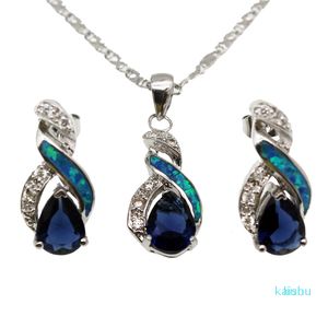 Conjuntos De Jóias De Safira Azul venda por atacado-925 Sterling Silver Jewelry Conjuntos Natural Opal Genuíno Oceano Azul Safira Design Pingente Colar Brinco Presentes de Natal Opjs6