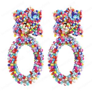 Bohemian Handmade Beaded White Flower Dangle Earrings for Women Fashion Cute Geometric Oval Drop Earring Statement Jewelry