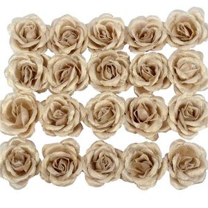 100pcs 4cm Silk Gold Artificial Rose Flower Heads Decorative s for Wedding Home Party Decoration Mini DIY Fake Wall 211023