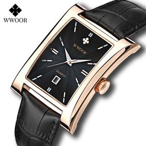 WWOOOR Watch Men Top Brand Gold Black Square Часы для мужчин Кожаный Водонепроницаемый Дата Часы Бизнес Кварцевый Запястья