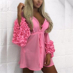 Swimwear feminino Summer Puff Sleeve Beach Dress Mulheres Beachwear Bikini Cobertura Túnica Kaftan Pareeo Senhoras Boho Robe