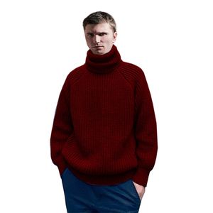 ヨーロッパのスタイルの純粋な手編まれた厚いハイネック冬のセーター高品質のプルオーバーセーター赤ワインスーパークールセーター男性211221