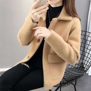 Plus Size Cardigan Women Coat Höst Vinter Koreansk Elegant Slim Imitation Mink Velvet V-Neck Knit Knapp Jacka 211220