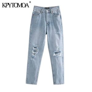 KPYTOMOA Donna Chic Fashion Tasche laterali con foro strappato Jeans Vintage Vita alta Cerniera Fly Denim Pantaloni alla caviglia femminili Mujer 210922